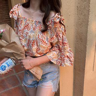Elbow-sleeve Cold-shoulder Print Top Tangerine - One Size