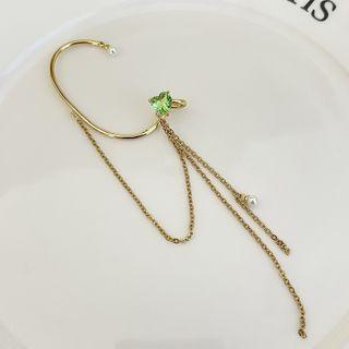 Heart Rhinestone Chained Earring 1 Pc - Gold & Green - One Size