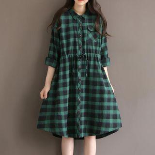 Long-sleeve Drawstring Check Dress