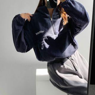 Embroidered Half-zipper Drawstring-hem Fleece Pullover