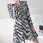 Long-sleeve Houndstooth Mini A-line Knit Dress