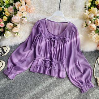 Round-neck Plain Chiffon Puff Long-sleeve Top