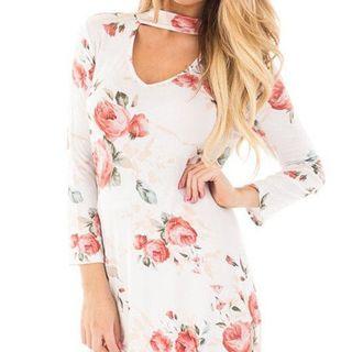 Flower Print V-neck Long-sleeve T-shirt