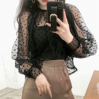 Set: Dot Long-sleeve Mesh Top + Camisole Top