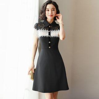 Short-sleeve Color Block Lace Paneled A-line Mini Dress