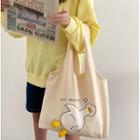 Cartoon Duck Embroidered Tote Bag With Badge - Beige - One Size