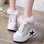 Faux Fur Trim Star Print Platform Hidden Wedge Sneakers