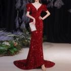 Short-sleeve Sequined Trained Sheath Evening Gown