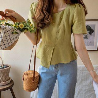 Puff-sleeve Peplum Linen Blouse