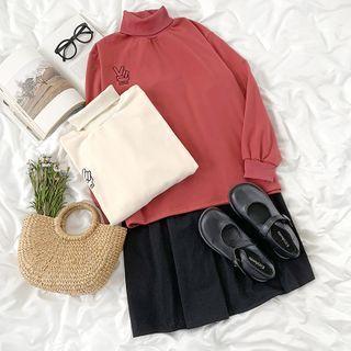 Long-sleeve High-neck Embroidered Top