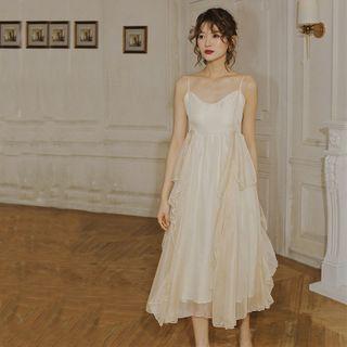 Spaghetti-strap Midi A-line Mesh Dress