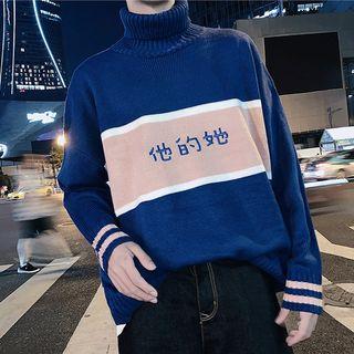 Printed Color-block Turtleneck Knit Sweater