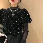 Dotted Puff-sleeve Velvet Top / Long-sleeve Mesh Top