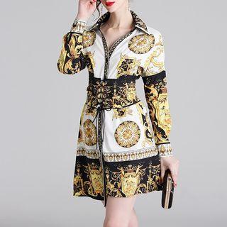 Long-sleeve Printed Corset Waist A-line Mini Dress