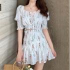 Smocked Waist Floral Cropped Top / Floral Mini Skirt