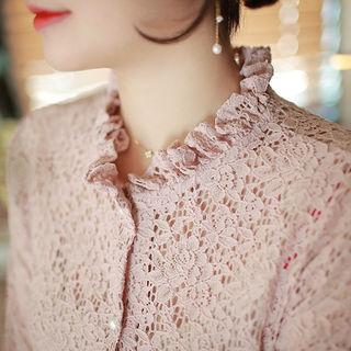 Ruffle-cuff Faux-pearl Button Lace Blouse