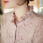 Ruffle-cuff Faux-pearl Button Lace Blouse