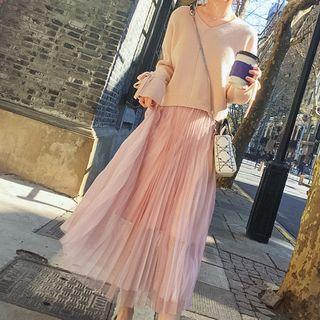Set: V-neck Ribbed Sweater + Midi Mesh-overlay A-line Skirt