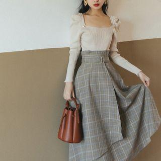Set: Long-sleeve Scoop-neck Knit Top + High-waist Plaid Midi A-line Skirt