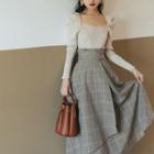 Set: Long-sleeve Scoop-neck Knit Top + High-waist Plaid Midi A-line Skirt