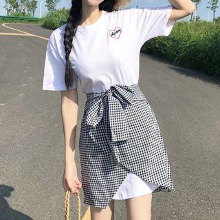 Set: Short-sleeve Embroidered T-shirt Dress + Gingham Skirt Set - White - One Size