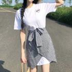 Set: Short-sleeve Embroidered T-shirt Dress + Gingham Skirt Set - White - One Size