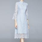 Mandarin Collar Lace Midi A-line Dress