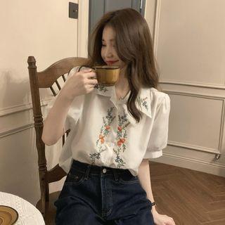 Puff-sleeve Floral Print Shirt White - One Size