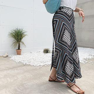 Multi Pattern Maxi Wrap Skirt Navy Blue - One Size