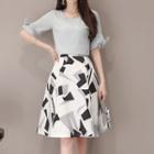 Set: Plain Elbow Sleeve Top + Printed A-line Skirt