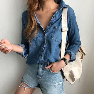 Dual-pocket Denim Shirt Blue - One Size