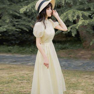 Short-sleeve Faux Pearl Button Midi A-line Dress