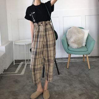 Set: Batwing Short Sleeve Print T-shirt + Paperbag Waist Plaid Pants