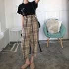 Set: Batwing Short Sleeve Print T-shirt + Paperbag Waist Plaid Pants