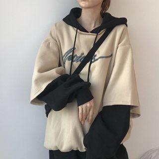 Mock Two Piece Lettering Hoodie Almond - One Size