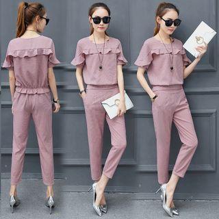 Set: Short-sleeve Ruffle Top + Slim-fit Pants