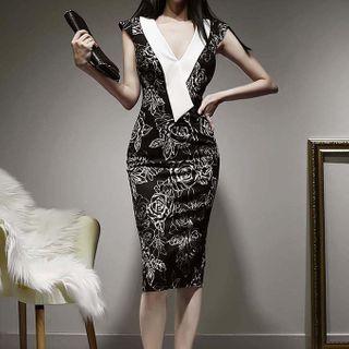 Sleeveless V-neck Floral Midi Bodycon Dress