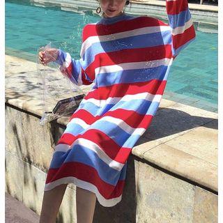 Long-sleeve Color Block Midi T-shirt Dress Stripe - Red & Blue & White - One Size