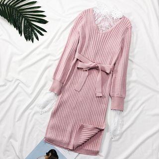 Knit Dress With Sash With Sheer Lace Top
