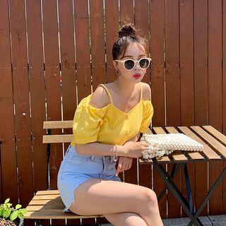 Cutout-shoulder Hemp Blend Blouse