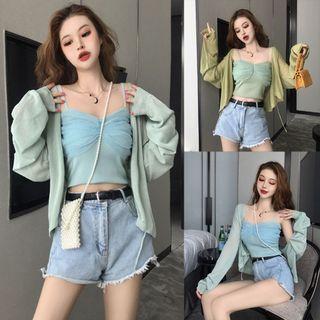 Mesh Panel Camisole Top / Open Front Cardigan