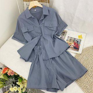 Set: Short-sleeve Plain Shirt + Wide-leg Shorts