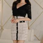 Mock Two-piece Elbow-sleeve Mini Tweed Sheath Dress