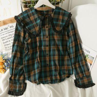 Mesh Ruffle-trim Plaid Loose Shirt