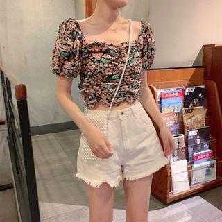 Square Collar Floral Short-sleeve Cropped Top