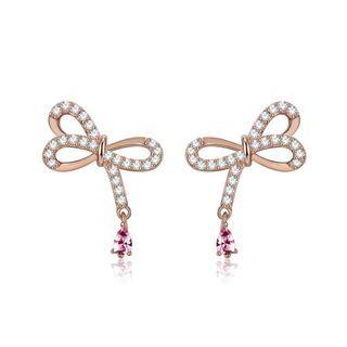 925 Sterling Silver Plated Rose Gold Elegant Bow Stud Earrings With Austrian Element Crystal Rose Gold - One Size