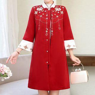 Embroidered 3/4-sleeve Long Coat
