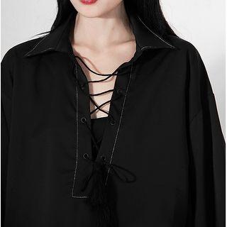 Long-sleeve Contrast Stitching Lace-up Blouse
