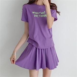 Set: Letter Print T-shirt + Inset Shorts Mini Skirt