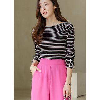 Boatneck Button-cuff Stripe Knit Top